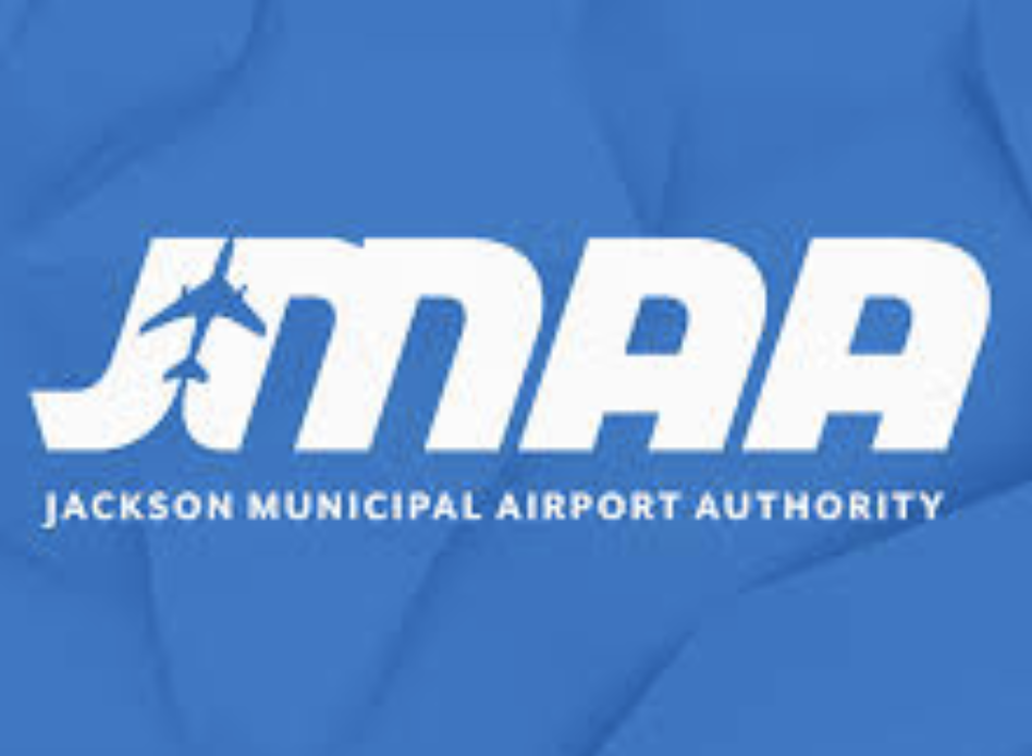 Logo of the Jackson Municipal Airport Authority in white text on a blue background, featuring an airplane graphic integrated into the "JMAA" acronym.