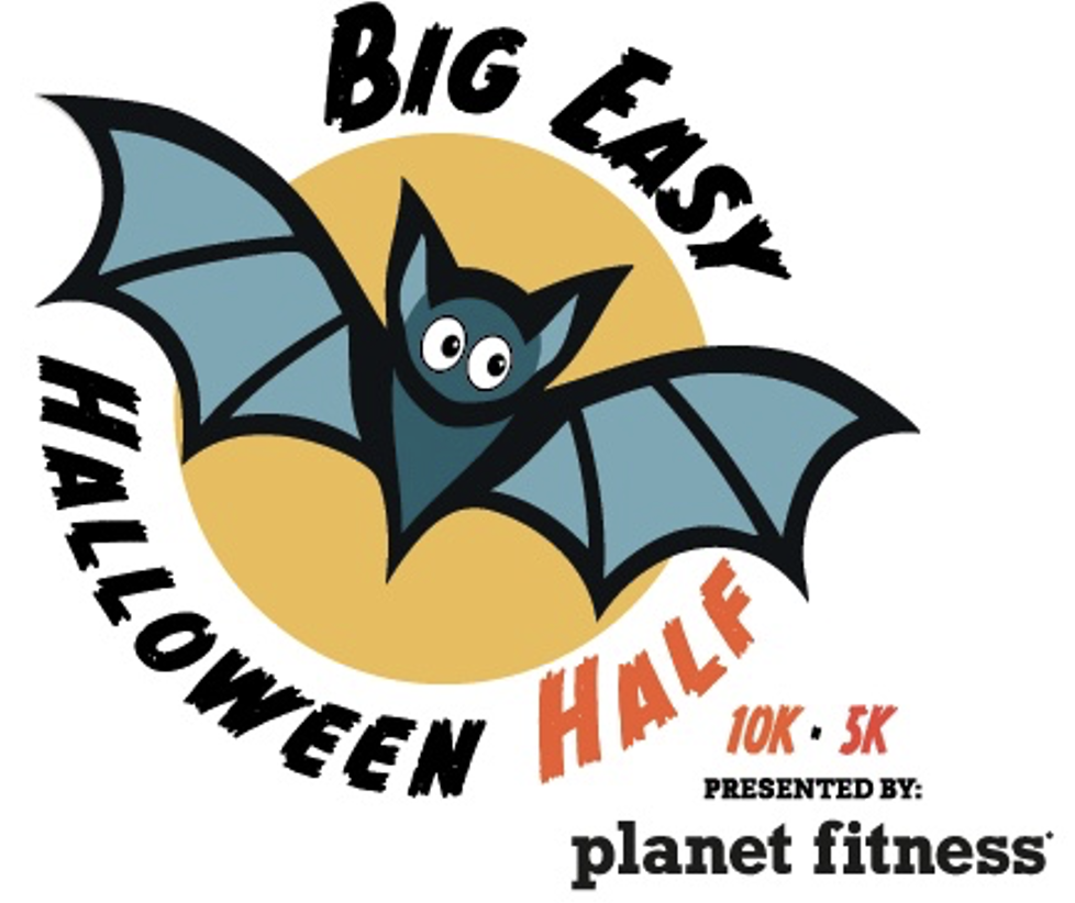 Logo for the Big Easy Halloween Half Marathon featuring a cartoon bat. Event includes a 10K and 5K, presented by Planet Fitness.