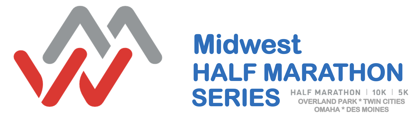 Logo for the Midwest Half Marathon Series, featuring a stylized 'M' and details about half marathons in Overland Park, Twin Cities, Omaha, and Des Moines for 10K and 5K runs.