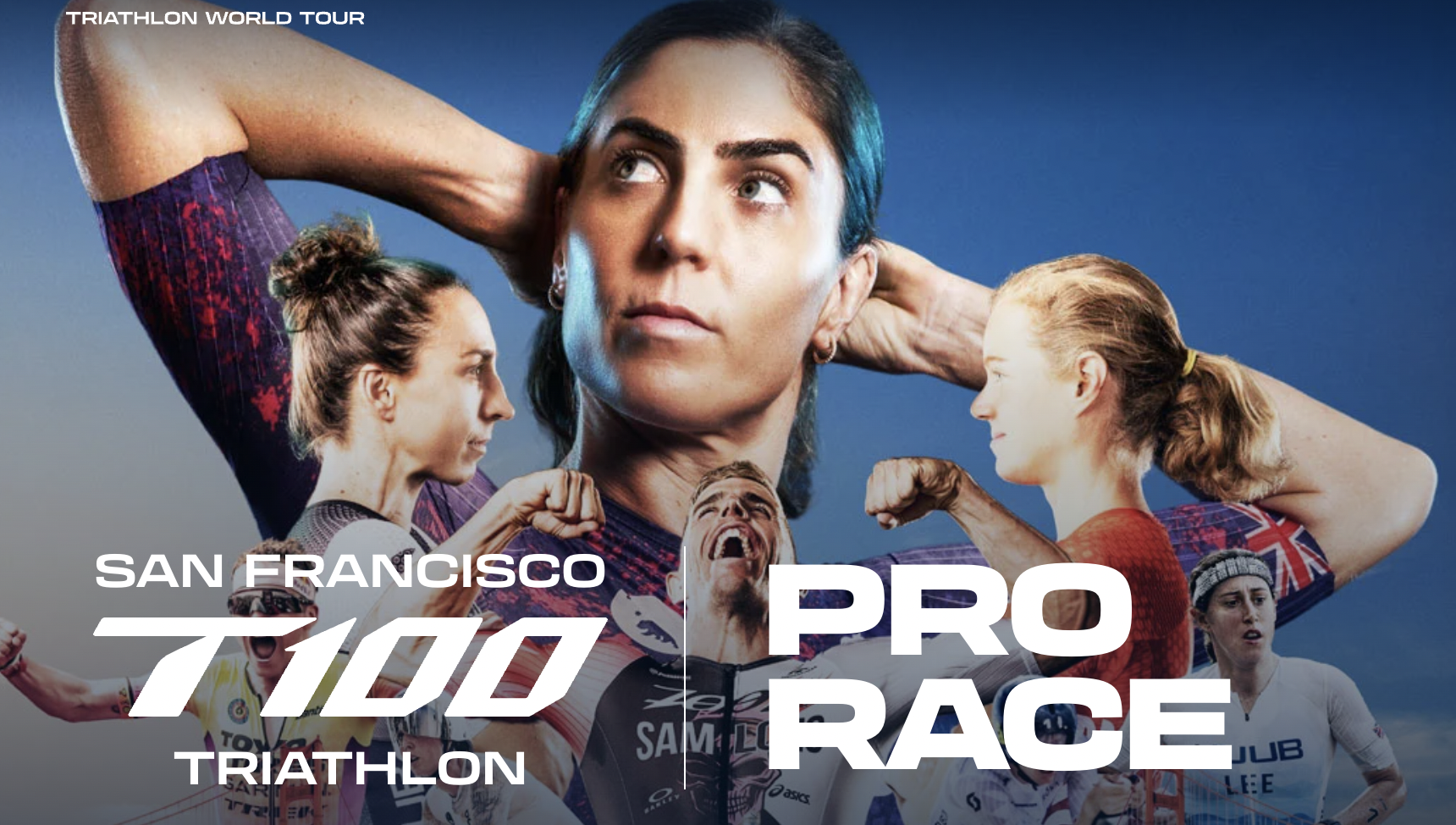 Collage of triathletes in action, featuring a large central figure with smaller athletes swimming, cycling, and running. Text reads "San Francisco T100 Triathlon Pro Race.